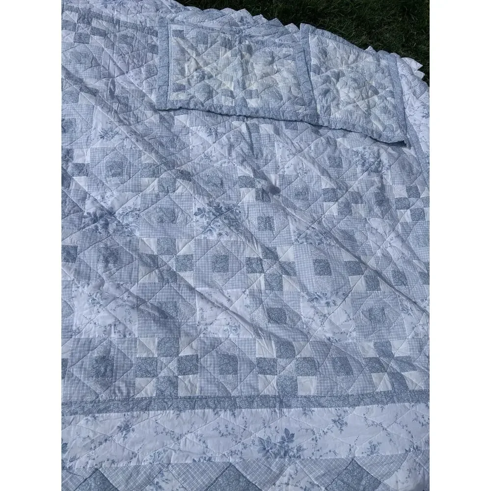 Vintage Laura Ashley Blue White Patchwork Quilt Full Queen 2 Shams 1990s
